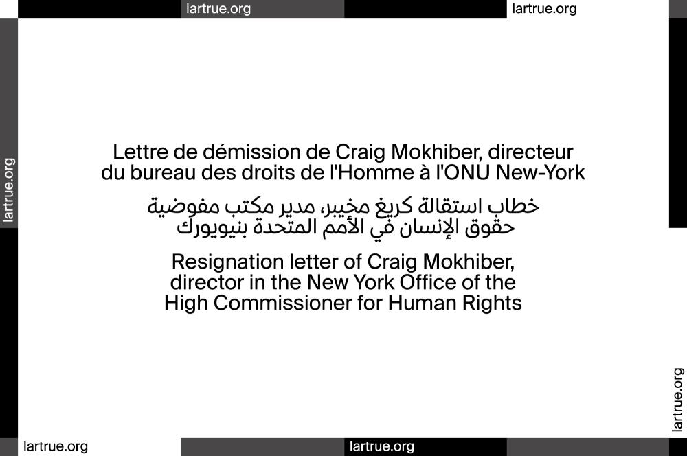  Lettre de démission de Craig Mokhiber, directeur du bureau des droits de l'Homme à l'ONU New-York
